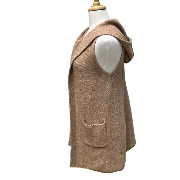 Tahari Cardigan Vest XS Wool Blend Open Sweater Tan Pockets Hooded Minimalist - Picture 2 of 7